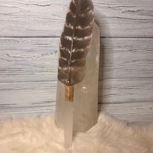 Selenite Stick Feather Wand | Handmade Smudge Fans | Smudging Feathers | Smoke and Energy Clearing Tools