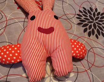 Red and white cotton rabbit soft toy for children, handmade