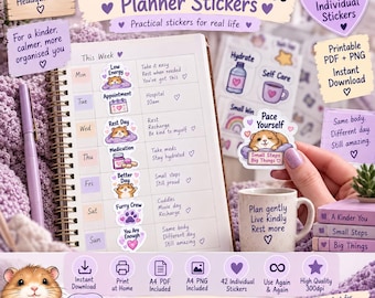 Chronic Illness Planner Stickers | 42 Printable Low Energy Flare Day Stickers | Self Care & Disability Planner PNG PDF