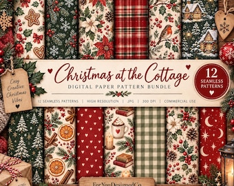 Christmas Digital Paper Bundle | Traditional Christmas Patterns | Red Green Festive Scrapbook Paper | Printable Backgrounds