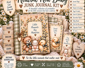 New Baby Junk Journal Kit, Baby Memory Book Printable, Vintage Baby Scrapbook, A4 Journal Pages, Baby Keepsake Download