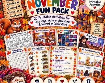 Kids November Activity Pack Printable | 20 Pages | Bonfire Night, Remembrance Day, Autumn Games, Puzzles & Colouring | Instant Download