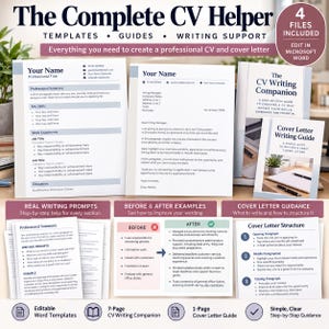 Puede incluir: Un conjunto de productos digitales titulado The Complete CV Helper, que incluye cuatro plantillas editables de Microsoft Word, una guía de redacción de CV y una guía de cartas de presentación. Incluye ejemplos y consejos.