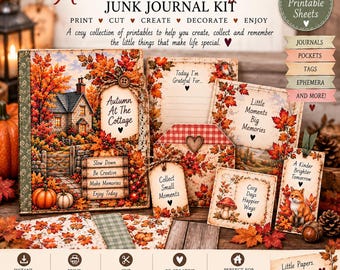 Autumn Junk Journal Printable Kit, Cottagecore Journal Pages, 15 Sheet Scrapbook Ephemera, Pockets, Tags & Envelopes, Digital Download
