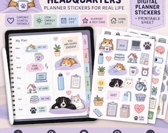 Chronic Illness Planner Stickers | Digital Planner Stickers | Low Energy & Self Care | 42 PNG Stickers + Printable Sheet