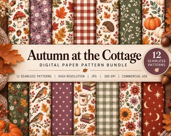 Autumn Digital Paper Bundle, 12 Seamless Fall Patterns, Cottagecore Scrapbook Paper, Pumpkin Robin Floral JPG, Commercial Use