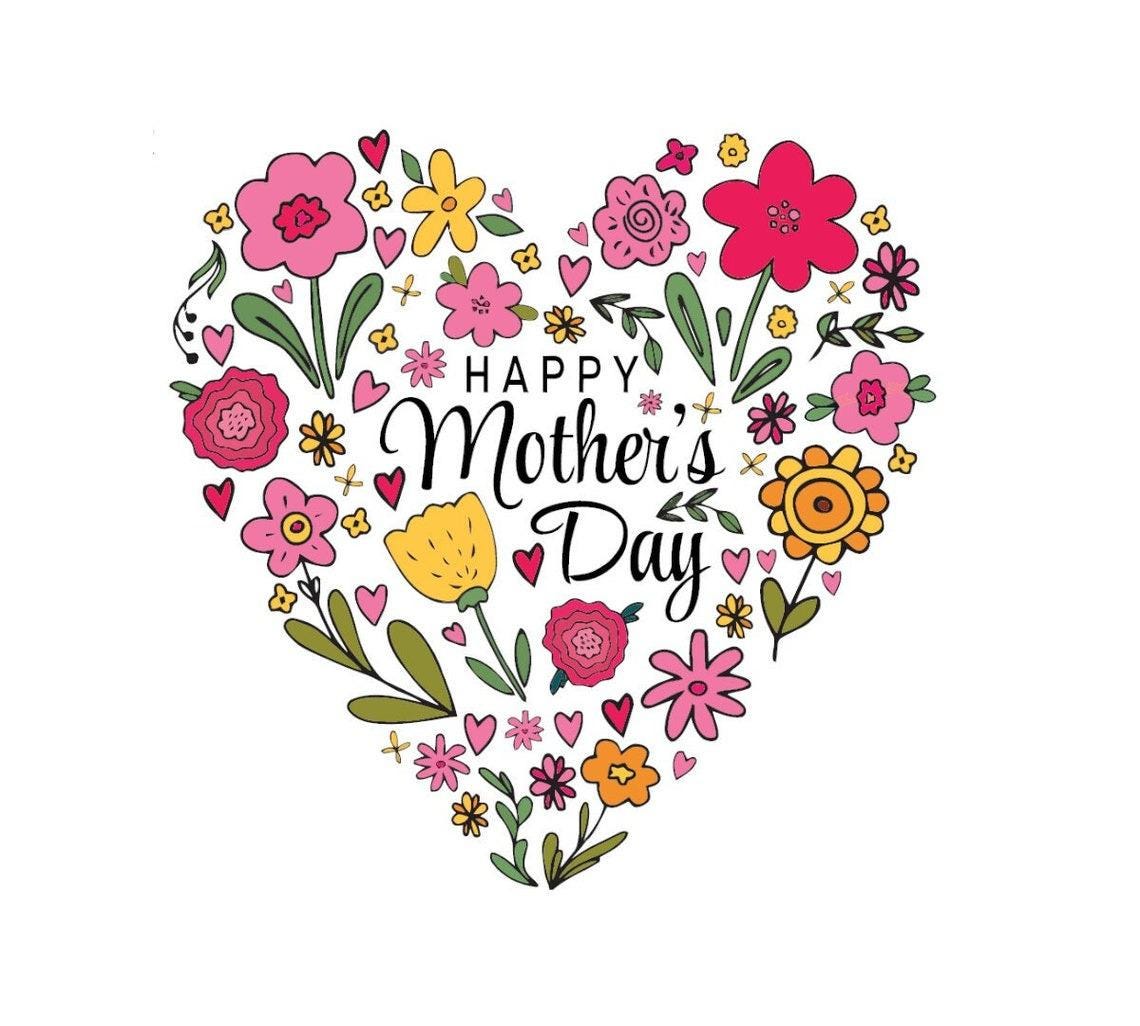 May include: A heart-shaped design made of pink, yellow, and red flowers with green leaves. The text 'Happy Mother's Day' is in the center of the heart.