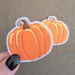 Könnte beinhalten: Zwei gestickte Kürbis-Aufnäher mit leuchtend orangefarbenem Garn, gelben Akzenten und einem braunen Stiel. Jeder Kürbis hat einen weißen Rand sowie eine abgerundete, gerippte Form mit einem kleinen, geschwungenen Stiel an der Oberseite.