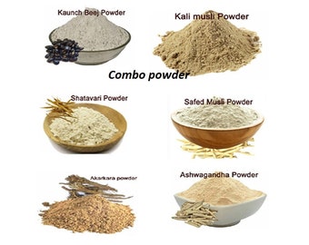 Whoesale combo sale pure Safed Musli, Shatavari, Kaunch Beej, Akarkara, kali musli, Ashwagandha Powder 300 Gm Combo Pack 50 Gm Each Herbs