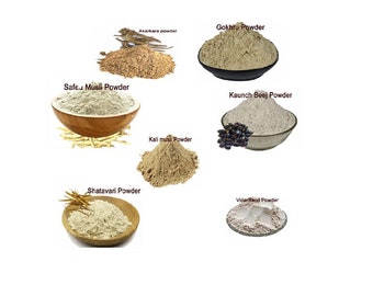 Whoesale combo sale pure SAkarkara, Gokhru, Vidharikand, Safed Musli, Shatavari, Kaunch Beej, Black Musli Powder 350 Gm Combo Pack 50Gm each