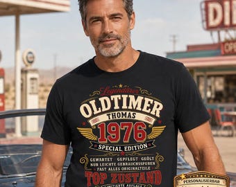 50th Birthday Gift for Men – Personalized T-Shirt with Name – 50th Birthday Gift for Men – Vintage Car T-Shirt – Year of Manufacture 1976