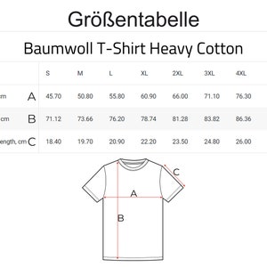 May include: Size chart for a cotton t-shirt in sizes S through 5XL. The chart shows measurements in centimeters for width, length, and sleeve length.