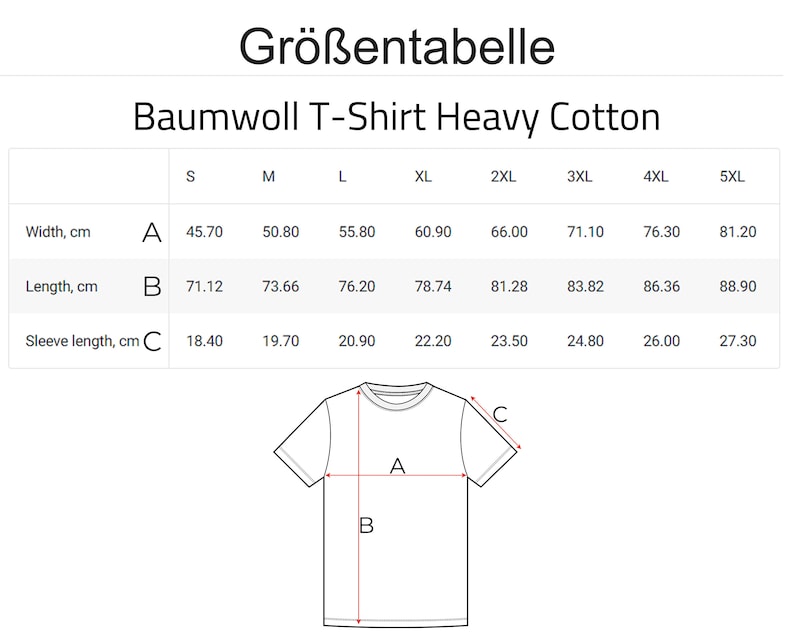May include: Size chart for a cotton t-shirt in sizes S through 5XL. The chart shows measurements in centimeters for width, length, and sleeve length.