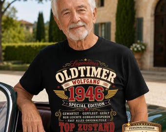 80th Birthday Gift for Men - Personalized T-Shirt - Vintage Car Year 1946 - Funny Men's Shirt - Party Shirt with Name - 80 Years