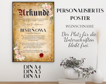 Oma Geschenk Geburtstag Urkunde personalisierte Urkunde für die Beste Oma der Welt Poster Geschenk von Enkelkindern Opa Großvater