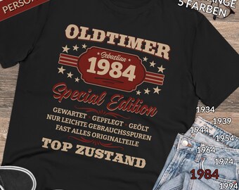 Cadeau voor de 40e verjaardag van een man: Vintage auto T-shirt, bouwjaar 1986, gepersonaliseerd met naam en bouwjaar, vintage auto, 40 jaar oud