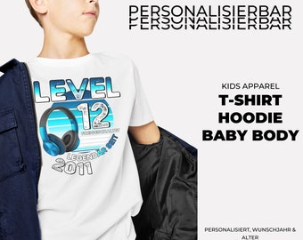 Gaming T-Shirt, Hoodie, Baby Body Gamer Geschenk Jungen Mädchen personalisierbar Level 1 2 3 4 5 6 9 8 9 10 11 12 13 14 freigeschaltet