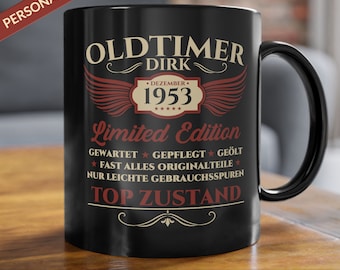 Geschenk 30 40 50 60 70 80 Geburtstag Mann Oldtimer Tasse Jahrgang 1954 1964 1974 1984 1994 Becher Personalisiert Wunschname -Jahr -Monat