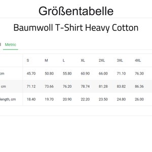 May include: Size chart for a cotton t-shirt in heavy cotton. The chart shows measurements in centimeters for width, length, and sleeve length for sizes S through 5XL.