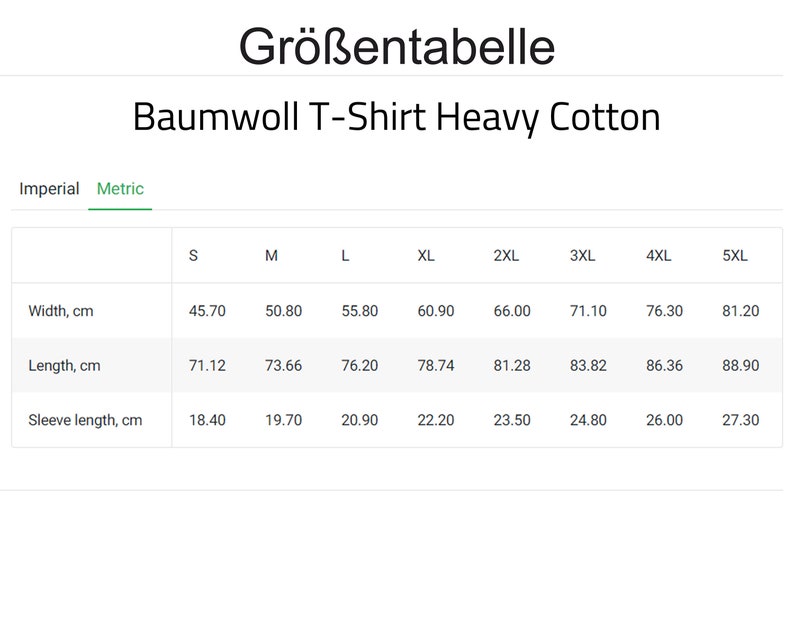 May include: Size chart for a cotton t-shirt in heavy cotton. The chart shows measurements in centimeters for width, length, and sleeve length for sizes S through 5XL.