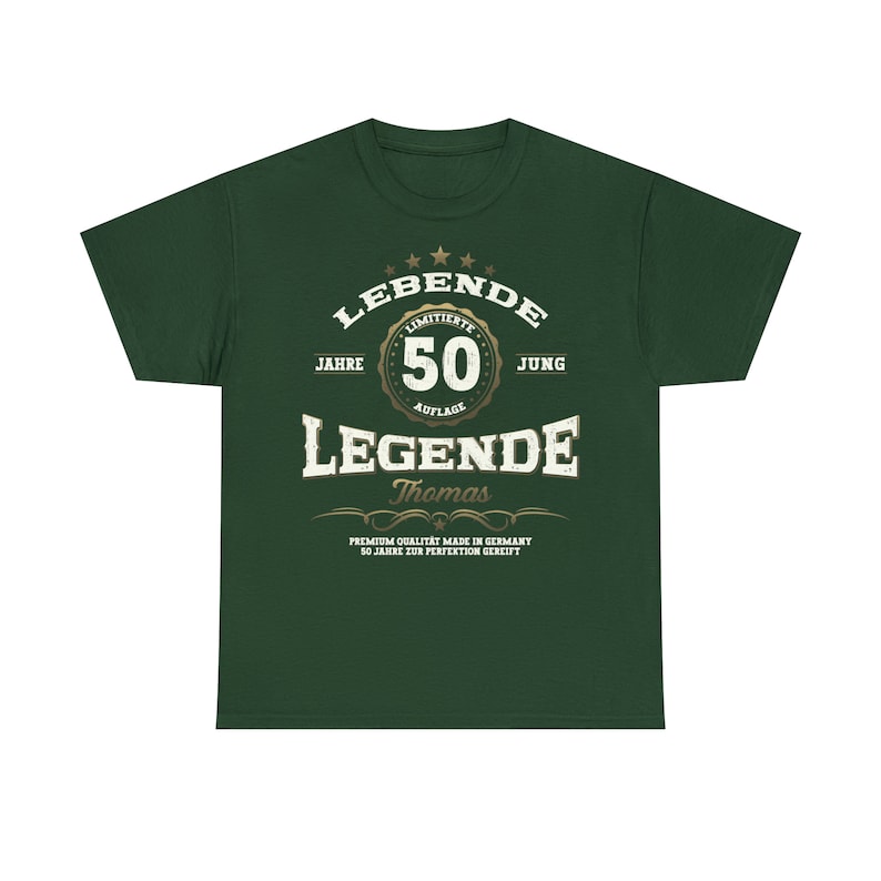 May include: Green t-shirt with a gold design that says "LEBENDE 50 JAHRE AUFLAGE JUNG LEGENDE Thomas PREMIUM QUALITAT MADE IN GERMANY 50 JAHRE ZUR PERFEXTION GEREIFT"