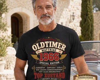 60th Birthday Gift for Men – Personalized Vintage Car T-Shirt, Year of Birth 1966 – Men's, Born in 1966 – Personalized Birthday Gift