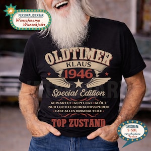 Op de afbeelding: Zwart t-shirt met de tekst "OLDTIMER KLAUS 1946 Special Edition" in een vintage design. Het shirt heeft ook extra tekst in het Duits. Verkrijgbaar in de maten S-5XL.