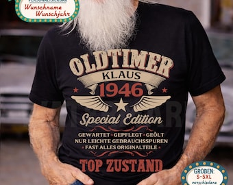 80. Geburtstag Geschenk Mann - Personalisiertes T-Shirt – Oldtimer Baujahr 1946 – Lustiges Herren Shirt - Partyshirt mit Namen - 80 Jahre