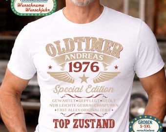 50th Birthday Party Shirt with Name - 50th Birthday Gift for Men - Personalized Vintage Car T-Shirt - Year of Manufacture 1976 - Funny Men's Shirt
