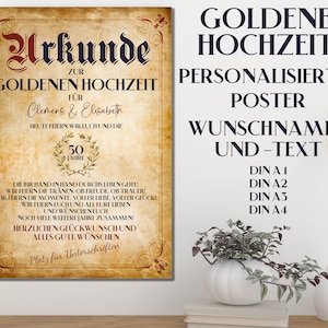 Gouden huwelijkscadeaubon voor het 50-jarig huwelijksfeest Gepersonaliseerde gouden huwelijkscadeau-cadeau-idee met naam en gewenste tekst DIN A1-4