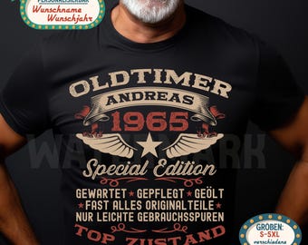 60th Birthday Gift for Men – Personalized Vintage Car T-Shirt – Year of Manufacture 1965 – Funny Men’s Shirt 60th Birthday – Party Shirt with Name