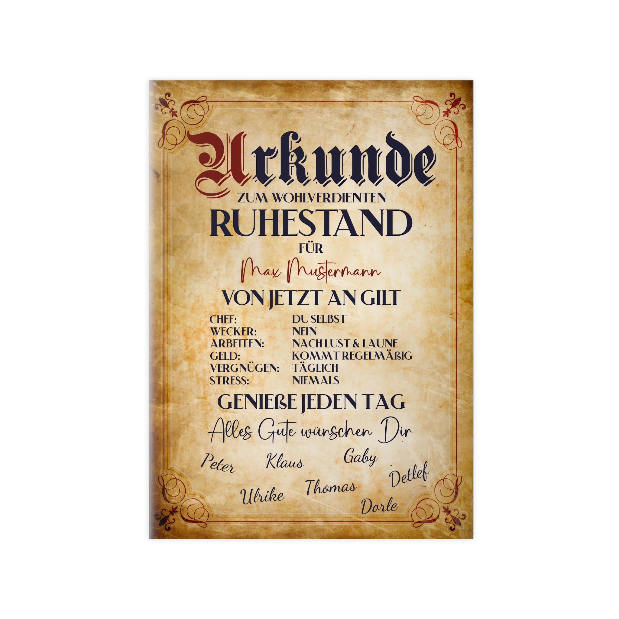 Ruhestands-Urkunde A4 Mit Schlüsselanhänger - Personalisierbares Geschenk Zur Rente (für Frauen)