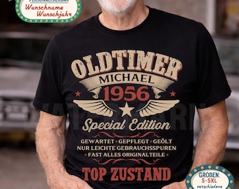 Personalized Vintage Car T-Shirt for 70th Birthday - Year of Manufacture 1956 - Funny Men's Party Shirt with Name - 70th Birthday Gift for Men