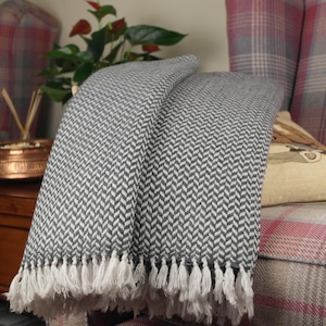 Handmade Wool Throw Blanket: Black & White Herringbone, Soft Fringe