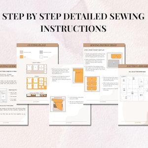 Może przedstawiać: Zestaw stron ze szczeg&oacute;łowymi instrukcjami szycia zatytułowany STEP BY STEP DETAILED SEWING INSTRUCTIONS. Dokumenty zawierają przewodnik drukowania, plany krojenia, szczeg&oacute;łowe kroki szycia z diagramami oraz instrukcję montażu wykroju.