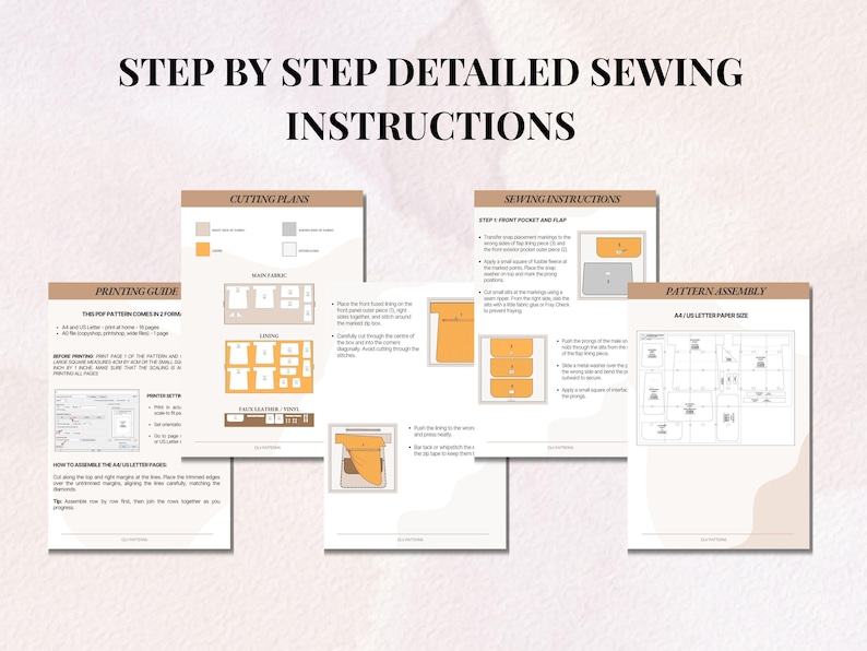 Może przedstawiać: Zestaw stron ze szczeg&oacute;łowymi instrukcjami szycia zatytułowany STEP BY STEP DETAILED SEWING INSTRUCTIONS. Dokumenty zawierają przewodnik drukowania, plany krojenia, szczeg&oacute;łowe kroki szycia z diagramami oraz instrukcję montażu wykroju.