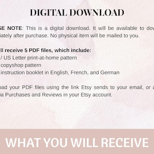 Puede incluir: Informaci&oacute;n de descarga digital sobre un fondo crema. El texto incluye "DESCARGA DIGITAL" y detalles sobre la recepci&oacute;n de 5 archivos PDF, incluido un folleto de instrucciones en ingl&eacute;s, franc&eacute;s y alem&aacute;n. La descarga est&aacute; disponible inmediatamente despu&eacute;s de la compra.