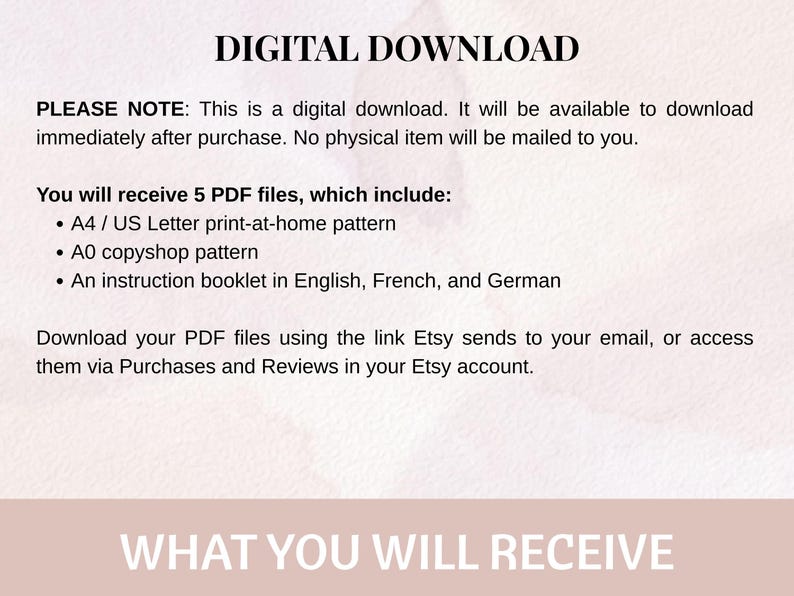 Puede incluir: Informaci&oacute;n de descarga digital sobre un fondo crema. El texto incluye "DESCARGA DIGITAL" y detalles sobre la recepci&oacute;n de 5 archivos PDF, incluido un folleto de instrucciones en ingl&eacute;s, franc&eacute;s y alem&aacute;n. La descarga est&aacute; disponible inmediatamente despu&eacute;s de la compra.