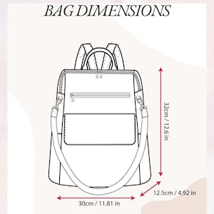 Może przedstawiać: Czarno-biały rysunek liniowy plecaka z napisem BAG DIMENSIONS. Plecak posiada g&oacute;rny uchwyt, dwa paski na ramiona, przednią kieszeń na zamek błyskawiczny oraz komorę gł&oacute;wną. Wymiary wynoszą 32 cm wysokości, 30 cm szerokości i 12,5 cm głębokości.