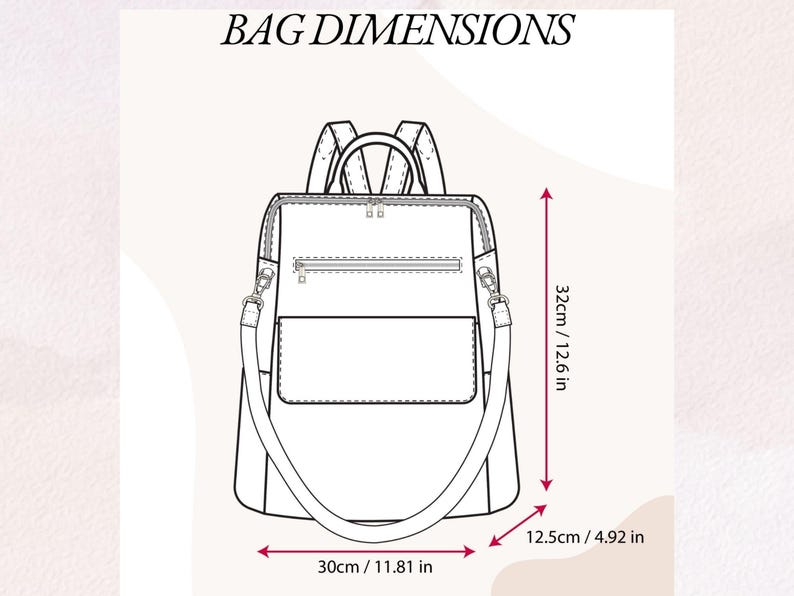 Może przedstawiać: Czarno-biały rysunek liniowy plecaka z napisem BAG DIMENSIONS. Plecak posiada g&oacute;rny uchwyt, dwa paski na ramiona, przednią kieszeń na zamek błyskawiczny oraz komorę gł&oacute;wną. Wymiary wynoszą 32 cm wysokości, 30 cm szerokości i 12,5 cm głębokości.