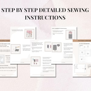 Puede incluir: Instrucciones de costura detalladas con diagramas paso a paso y texto. El documento incluye una gu&iacute;a de impresi&oacute;n, instrucciones de montaje del patr&oacute;n y diagramas para ensamblar la manga. El t&iacute;tulo dice: "STEP BY STEP DETAILED SEWING INSTRUCTIONS."