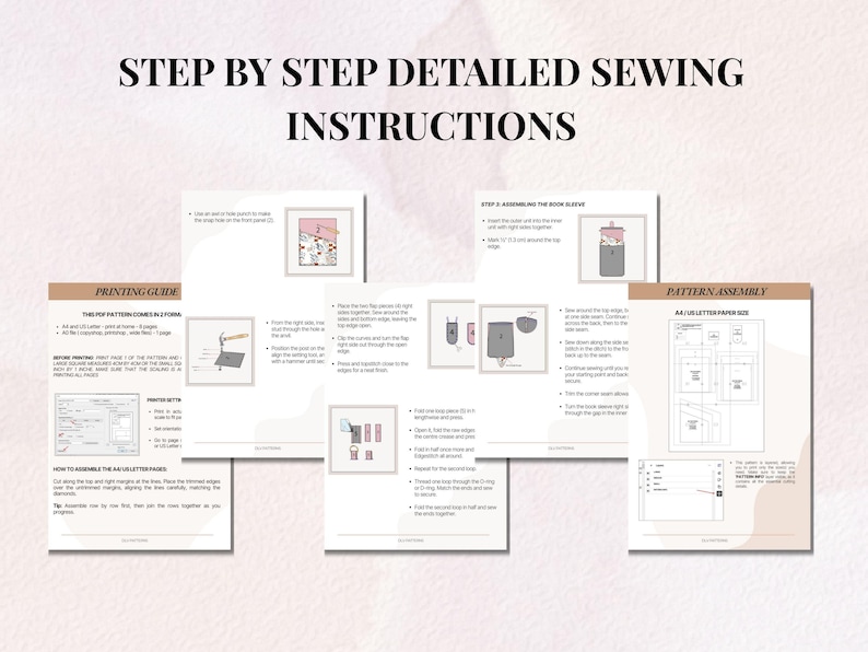 Puede incluir: Instrucciones de costura detalladas con diagramas paso a paso y texto. El documento incluye una gu&iacute;a de impresi&oacute;n, instrucciones de montaje del patr&oacute;n y diagramas para ensamblar la manga. El t&iacute;tulo dice: "STEP BY STEP DETAILED SEWING INSTRUCTIONS."