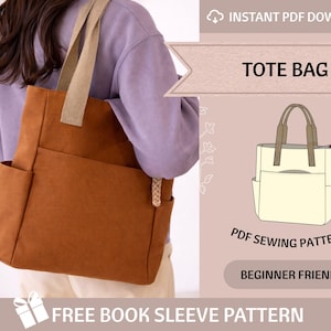 Op de afbeelding: Een bruine tote bag met beige handvatten en zijzakken wordt getoond. De tas heeft een geweven detail aan de zijkant. Tekst op de afbeelding luidt "TOTE BAG", "PDF SEWING PATTERNS" en "BEGINNER FRIENDLY". De afbeelding zegt ook "FREE BOOK SLEEVE PATTERN".