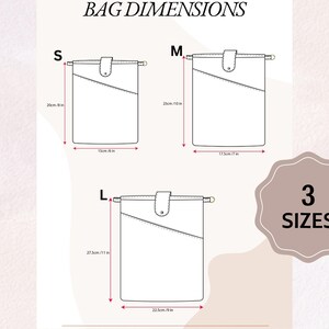 Puede incluir: Diagrama que muestra las dimensiones de las bolsas en tres tama&ntilde;os: S (20cm x 15cm), M (25cm x 17.5cm) y L (27.5cm x 22.5cm). Cada ilustraci&oacute;n de la bolsa es rectangular con cierre de solapa y un bolsillo diagonal. El texto "BAG DIMENSIONS" est&aacute; en la parte superior.