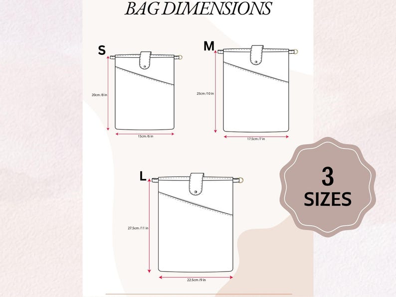 Puede incluir: Diagrama que muestra las dimensiones de las bolsas en tres tama&ntilde;os: S (20cm x 15cm), M (25cm x 17.5cm) y L (27.5cm x 22.5cm). Cada ilustraci&oacute;n de la bolsa es rectangular con cierre de solapa y un bolsillo diagonal. El texto "BAG DIMENSIONS" est&aacute; en la parte superior.
