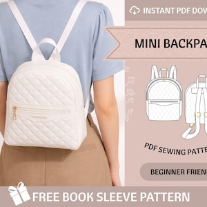 Może przedstawiać: Biały pikowany mini plecak ze złotymi zamkami i paskami. Torba ma przednią kieszeń zapinaną na zamek, a na przodzie nadrukowano napis "FASHION BAGS". Obraz zawiera również schemat plecaka oraz tekst "MINI BACKPACK", "PDF SEWING PATTERNS" i "BEGINNER FRIENDLY".