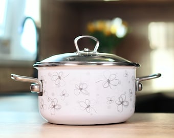 White enameled cooking pot modern cookware with flowers
