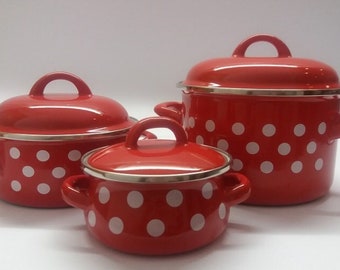 Red enamel cookware Set of 3pcs cooking pots and pans