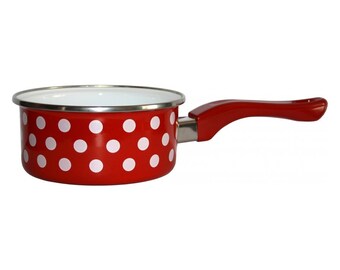 Red enamel saucepan with handle
