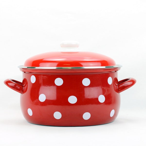 Vintage Enamel Cooking Pot , Red kitchenware with dots Enamel Saucepan Cooker
